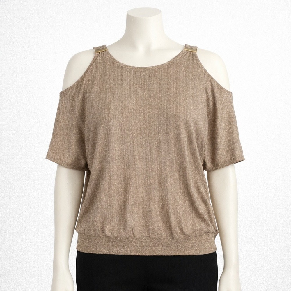 INC International Concepts Woman Cold Shoulder Top Gold Metallic Knit Blouson 1X